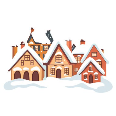  Karla kaplı çatıları olan büyüleyici bir Noel köyü. flar vektörü
