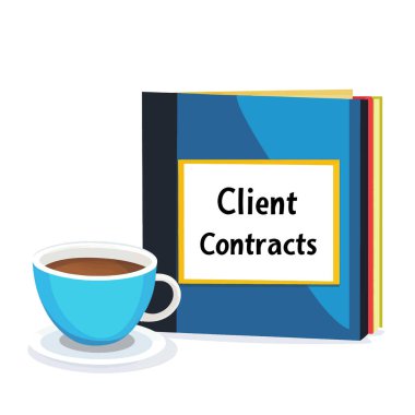 A coffee cup next to a folder labeled Client clipart