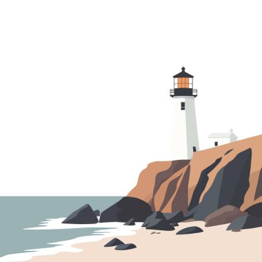  minimal flat A coastal view with a lighthouse standing on a rocky cliff. flat vector clipart