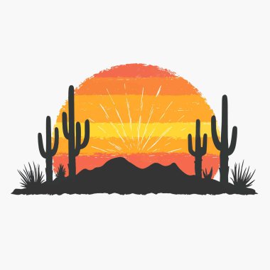  Kaktüs siluetleriyle çöl batımının basit bir vektörü.