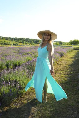 Pürüzsüz, açık mavi bir elbise ve geniş kenarlı bir şapka giyen genç bir kadın canlı lavanta tarlasında geziniyor, ılık yaz güneşinde gülümserken güneşleniyor..