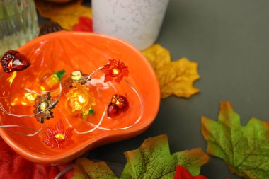 Peri ışıklarıyla dolu canlı bir turuncu kase yeşil bir yüzey üzerinde, renkli sonbahar yapraklarıyla çevrili. Bu rahat ortam sonbahar şenliklerinin özünü yansıtıyor..