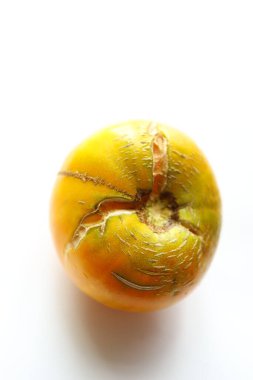 Sarı bir kavun beyaz bir arkaplanda oturur, yüzeyinde çatlaklar ve benzersiz çıkıntılar bulunur. Doğal ışık onun canlı rengini ve ilginç dokularını vurgular, çarpıcı bir görsel yaratır..