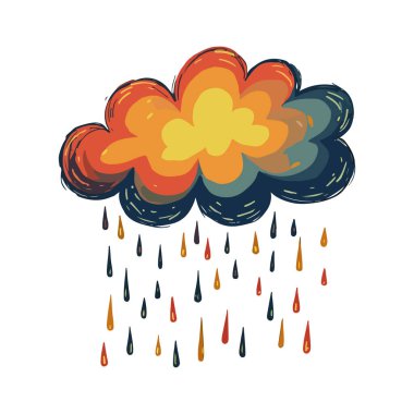 Playful illustration of a vibrant cloud with shades of red, orange, and yellow, releasing multicolored raindrops against a plain background. clipart