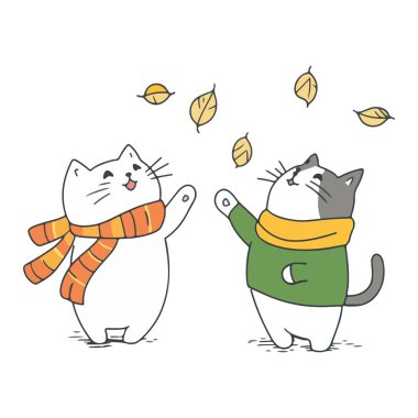 Adorable cartoon illustration of cats wearing colorful winter hats, interacting playfully with each other, featuring puzzled and cheerful expressions in a cozy, fun scene clipart