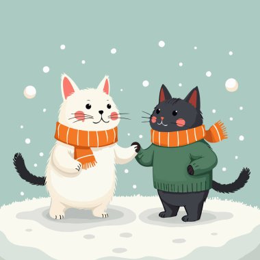 Charming illustration of two cats dressed in warm sweaters and scarves, playfully preparing to make a snowball in a snowy landscape, surrounded by falling snowflakes clipart