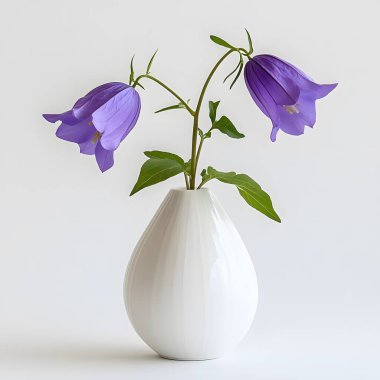 Two purple bellflowers in full bloom, each facing opposite directions, are arranged in a smooth, white ceramic vase.  clipart