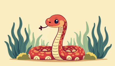 A cheerful cartoon snake with vibrant red and orange scales, rising from calm water with a playful expression, set against a simple beige background clipart