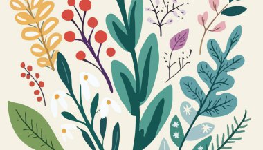 A vibrant and colorful illustration featuring a variety of stylized flowers and leaves against a teal background. The design showcases different shapes and colors, creating a lively and organic feel