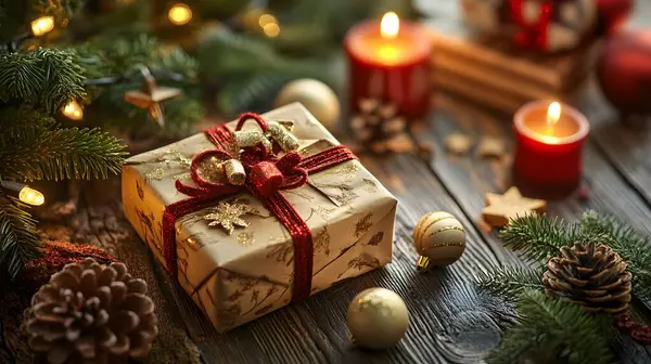 Güzelce paketlenmiş bir Noel hediyesi karda oturur. Etrafı şenlikli mumlarla, süslemelerle ve arka planda sıcak bir tatil parıltısıyla çevrili.