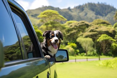 Siyah, kahverengi ve beyaz ceketli neşeli bir köpek park halindeki bir aracın camından dışarı sarkmış, temiz havanın ve arka plandaki güzel yeşil manzaranın tadını çıkarıyor. Sahne, güneşli bir günde doğayla çevrili bir evcil hayvanın neşesini yakalar..