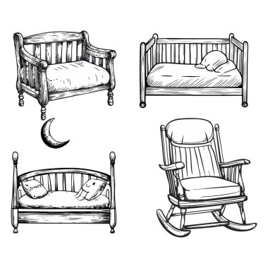 A set of hand-drawn illustrations featuring various types of vintage furniture, including a loveseat, a simple bed with pillows, a rocking chair, and a bed with a moon motif. The designs emphasize a rustic and cozy aesthetic clipart