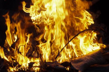 Yanan organik maddenin yakın plan görüntüsü, muhtemelen yapraklar veya kağıtlar..