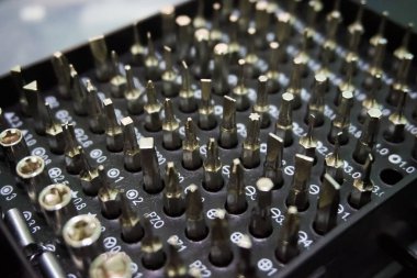 Siyah plastik bir düzenleyicide çeşitli hassas tornavidaların yakın plan görüntüsü.