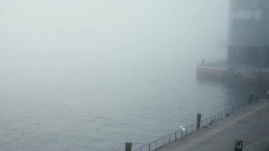 HAMBURG, GERMANY - 27 Mart 2022: 2022 'de Hamburg Limanı' ndaki Grosse Elbstrasse, Holzhafen 'deki iskelede yoğun sis. Gizemli, atmosferik ve ürkütücü görünüyor. Yoğun Sisweather condition 