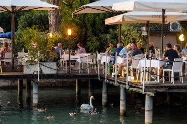 Sirmione, İtalya - 21 Eylül 2024: İnsanlar Garda Gölü 'nde yüzen bir kuğu gibi göl kenarında yemek yiyor