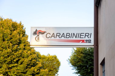 Padua, Italy - Aug 11th, 2025: Sign of Carabinieri station with logo and emergency number 112