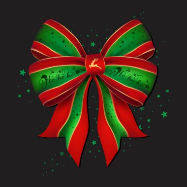 Noel temalı kurdele yayı. Noel Baba şapkası, ren geyiği ve yıldız desenli kurdele. Yeni yıl hediyesi ve hediye süsleme vektörü ögesi.
