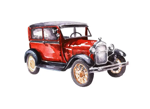 Üstü açılabilir çatısı olan kırmızı bir retro araba. Suluboya çizimi.