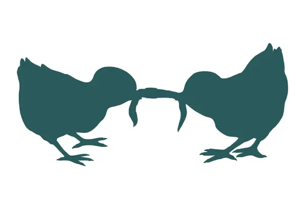 İki tavuk bir solucan için kavga ediyor. Yemek konusunda tartışırız. Eğitim ve deneyim. Vektör resmi.