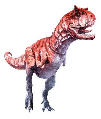 Colorful drawing of a dinosaur on a white background. Predatory carnotaurus with horns on its head. Watercolor prehistoric animal. clipart