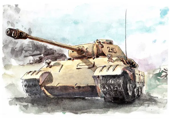 Bir Alman tankının suluboya çizimi. Panzer, panter.
