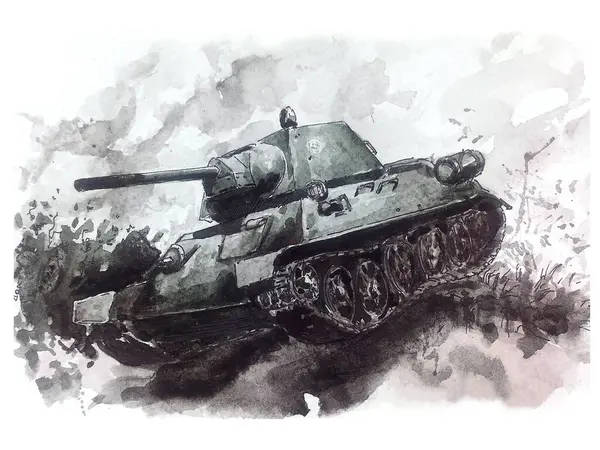 Bir Sovyet tankı engel hattının üstesinden gelir. Suluboya resim.