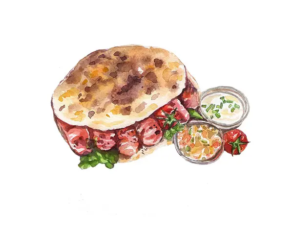 Sosisli sandviç ve salata. Suluboya.