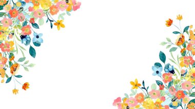 Arka plan, düğün, doğum günü, duvar kağıdı, pankart, çıkartma, dekorasyon vs. için suluboya ile renkli yabani çiçek sınırı.