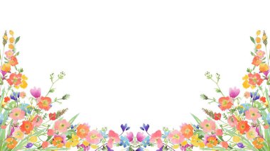 Arkaplan vektörü için suluboya ile renkli yabani çiçek kenarı