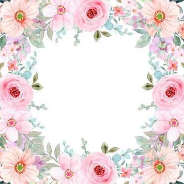 Pastel renkler için suluboya çiçek arka planı. Çiçek sınır çerçevesi şablonu.