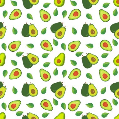 Avokado desenli, sulu ve lezzetli meyveli. Taze avokado deseni. Düz biçimli vektör illüstrasyonu