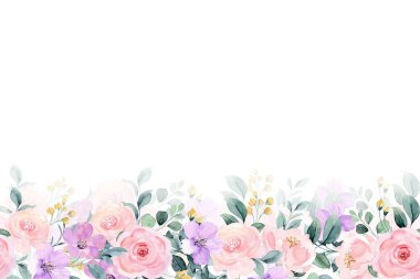 Tasarım için pembe mor suluboya çiçekleri çerçeve arka planı. Çiçeksel sınır çerçevesi şablonu. Vektör tasarımı çizimi. Pankart için, düğün kartı..