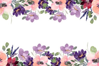 Suluboya çiçekleri tasarım için çerçeve. Çiçek çerçeveli kart şablonu. Pankart ve düğün kartı için vektör tasarımı çizimi.