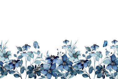 Düğün, doğum günü, kart, arkaplan, davetiye, duvar kağıdı, çıkartma, dekorasyon için mavi çiçek suluboya sınırı.