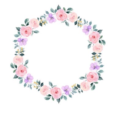 Beyaz arkaplanda suluboya çiçek çelengi.