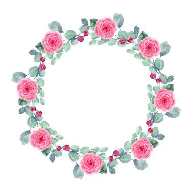 Beyaz arkaplanda suluboya çiçek çelengi.