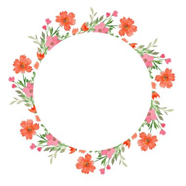 Beyaz arkaplanda suluboya çiçek çelengi.