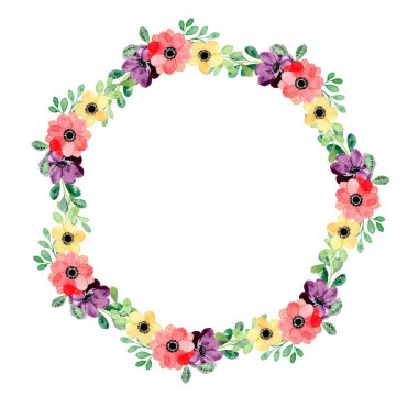 Suluboya çiçekli çelenk, yeşil yapraklar. Çiçekli yazlık baskı davetiyeleri, tebrik kartları, duvar resimleri, çıkartmalar ve diğerleri için. Beyazda izole edilmiş.