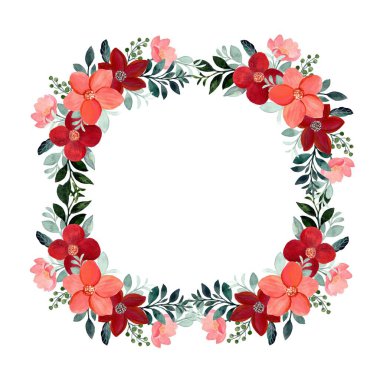 Suluboya çiçekli çelenk, yeşil yapraklar. Çiçekli yazlık baskı davetiyeleri, tebrik kartları, duvar resimleri, çıkartmalar ve diğerleri için. Beyazda izole edilmiş.