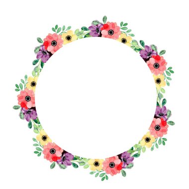 Renkli çiçek çelengi. Güzel çiçekli ve suluboya yapraklı zarif çiçek koleksiyonu.