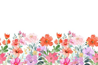 Çiçek açan botanik çiçekleri sınır çerçevesi. Beyaz arka planda renkli yabani çiçek. Renkli bahçe vektör illüstrasyonu.