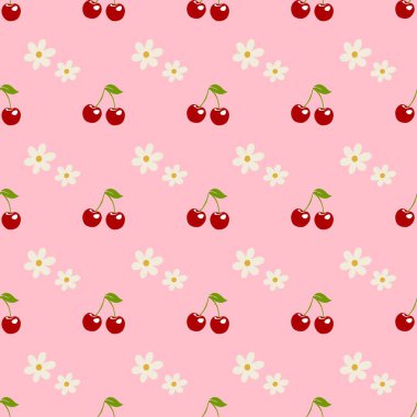 Pembe arka plan vektöründe kiraz meyvesi ve sevimli çiçeğin kusursuz deseni.