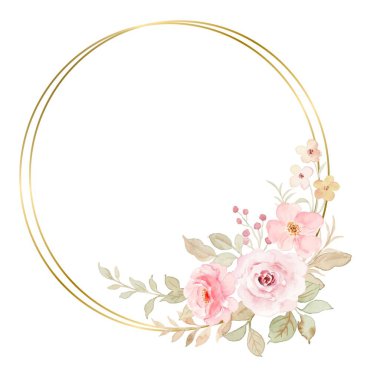 Altın çerçeveli suluboya çiçek çelengi.