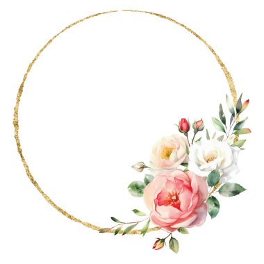 Altın çerçeveli suluboya çiçek çelengi.