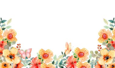 Düğün, doğum günü, kart, arkaplan, davetiye, duvar kağıdı, çıkartma, dekorasyon için suluboya çiçek sınırı.