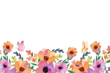 Düğün, doğum günü, kart, arkaplan, davetiye, duvar kağıdı, çıkartma, dekorasyon için suluboya çiçek sınırı.