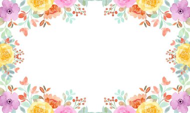  Suluboya çiçek çerçevesi beyaz arkaplanda izole.