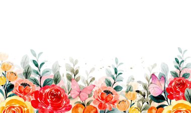  Suluboya çiçek çerçevesi beyaz arkaplanda izole.