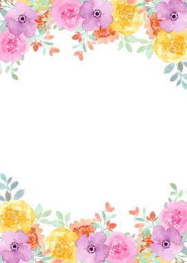  Suluboya çiçek çerçevesi beyaz arkaplanda izole.